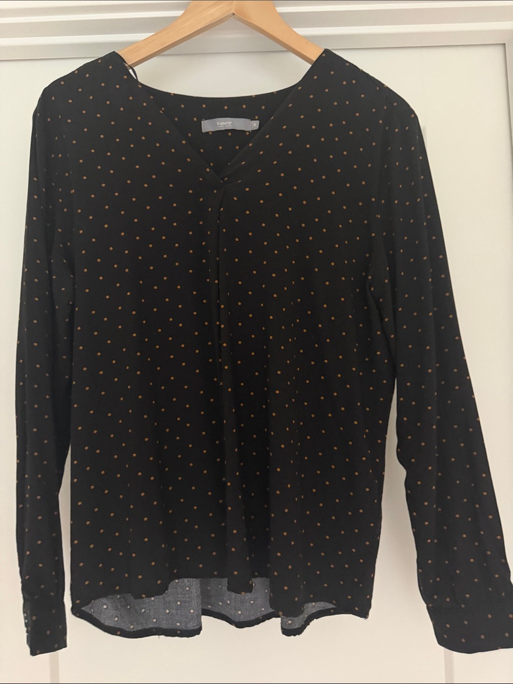 Women’s Black Button-Down Blouse with Mustard Polka Dots